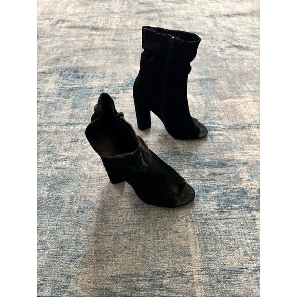 Qupid Black Sparkle Fabric Peep Toe Side Zip Block Heel Boots Size 6 - Picture 2 of 12